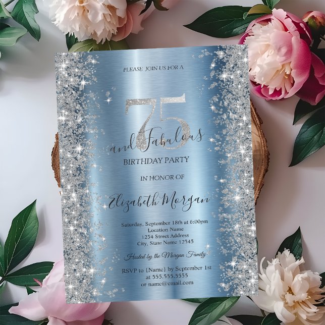 Invitación Diamantes de brillo plateado Cumpleaños 75 azul   (Subido por el creador)