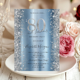 Invitación Diamantes de brillo plateado Cumpleaños 80 azul  