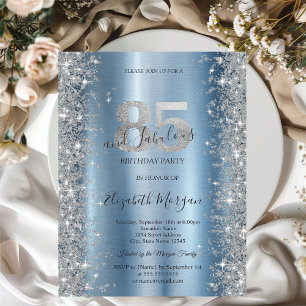 Invitación Diamantes de brillo plateado Cumpleaños 85 azul  