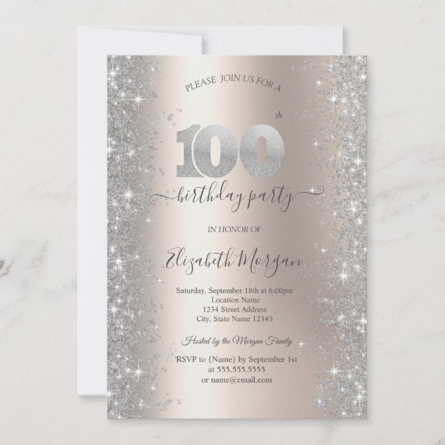 Invitación Diamantes de brillo plateado Cumpleaños número 100 (Anverso)