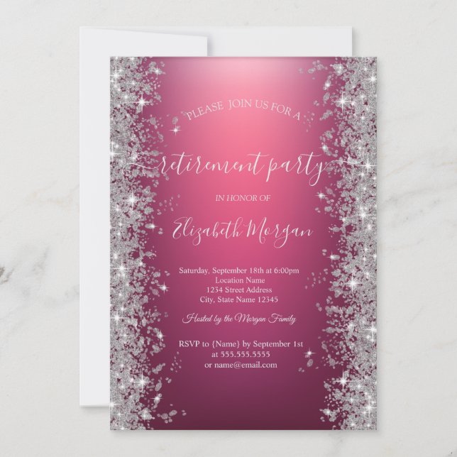 Invitación Diamantes de Brillo Plateado Fiesta de Jubilación  (Anverso)