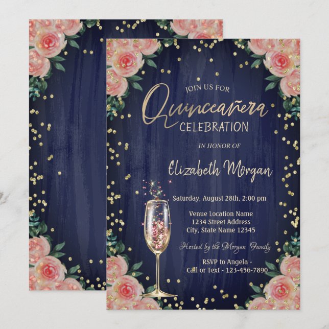 Invitación Diamantes de copa de champán Flores Quinceañera (Anverso / Reverso)