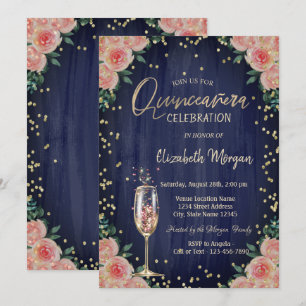 Invitación Diamantes de copa de champán Flores Quinceañera