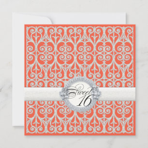 Invitación Diamantes de coral y plata y encaje, dulce diecisé