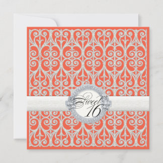 Invitación Diamantes de coral y plata y encaje, dulce diecisé