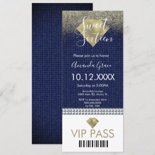 Invitación Diamantes de Denim Dorado Brillo Sweet Sixteen