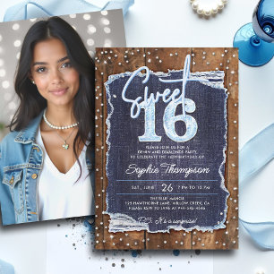 Invitación Diamantes de Denim Rústico Elegante Foto Dulces 16
