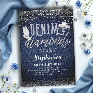 Invitación Diamantes de Denim Vaquera Chic Rústico 50 Cumplea