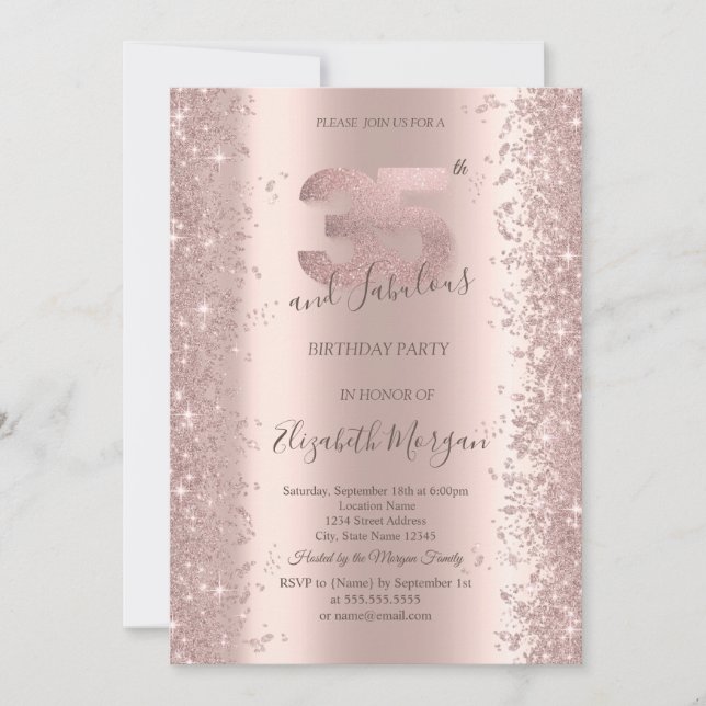 Invitación Diamantes de destellos de oro rosa Cumpleaños 35 (Anverso)