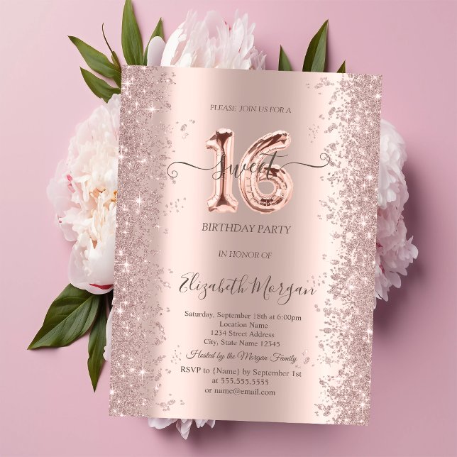 Invitación Diamantes de destellos de oro rosa Dulces 16 (Subido por el creador)