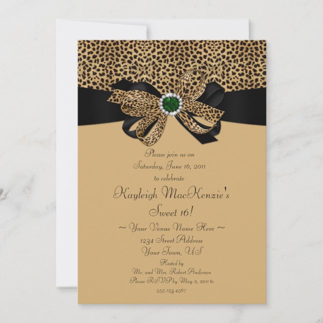 Invitación Diamantes de Emeralds Leopard Print FAUX Dulce 16  (Anverso)