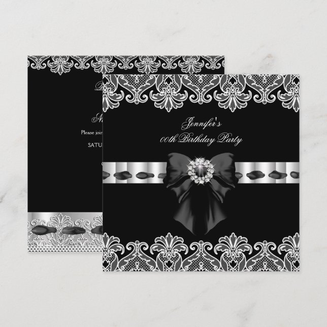 Invitación Diamantes de Encaje Negro Blanco Fiesta de Cumplea (Anverso / Reverso)