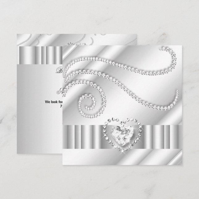 Invitación Diamantes de fiesta de cumpleaños de plata Blanca  (Anverso / Reverso)