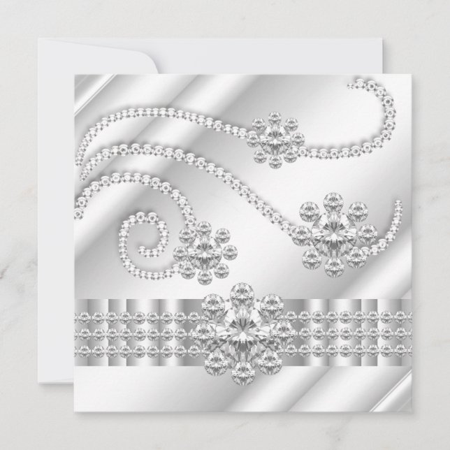 Invitación Diamantes de fiesta de cumpleaños de plata Blanca  (Anverso)