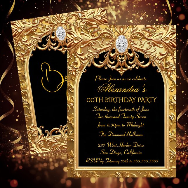 Invitación Diamantes de fiesta de cumpleaños elegante oro neg (Subido por el creador)