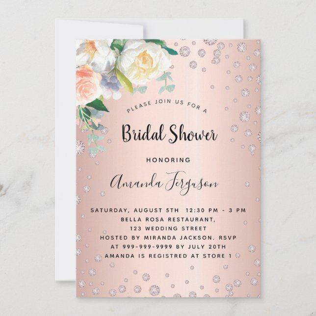 Invitación Diamantes de flores de oro de rosa de novia (Anverso)