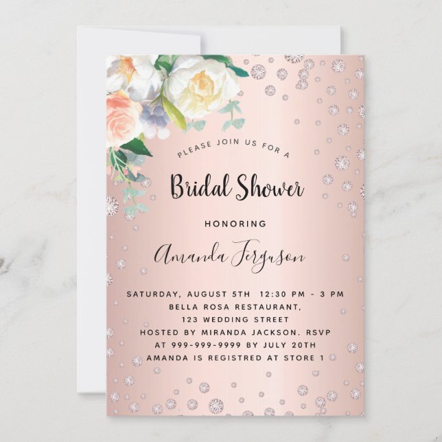 Invitación Diamantes de flores de oro de rosa de novia (Anverso)