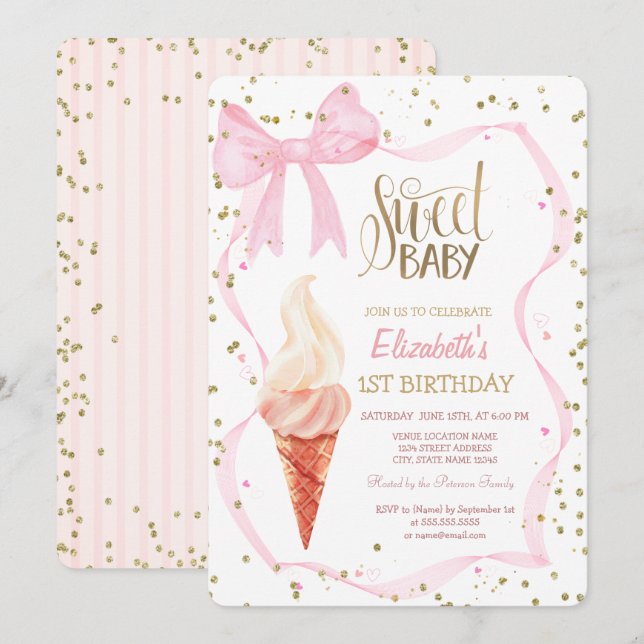 Invitación Diamantes de helados rosados de barro rayado cumpl (Anverso / Reverso)