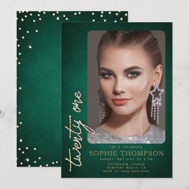 Invitación Diamantes de imitación de Glam Emerald Green 21st  (Anverso / Reverso)