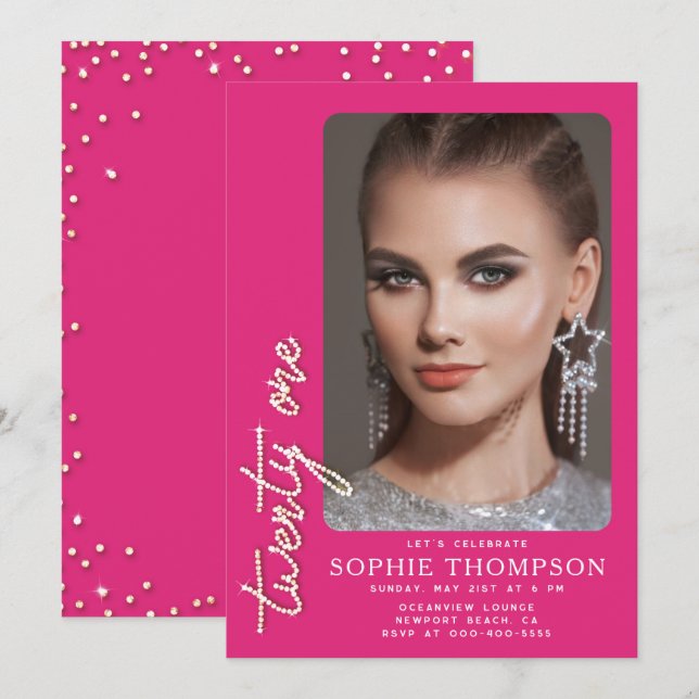 Invitación Diamantes de imitación de Glam Moda rosada calient (Anverso / Reverso)