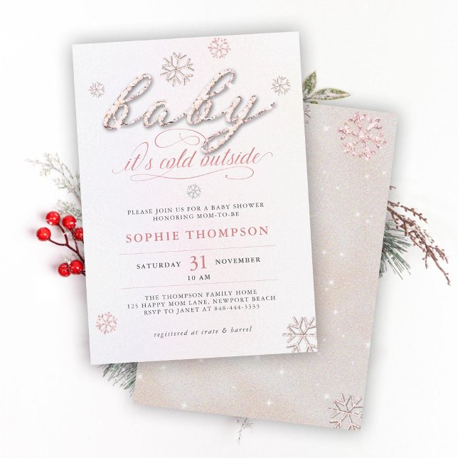 Invitación Diamantes de imitación externos fríos Purpurina Ch (cold outside girl baby shower invitation rhinestone snowflake white winter wonderland christmas boho)