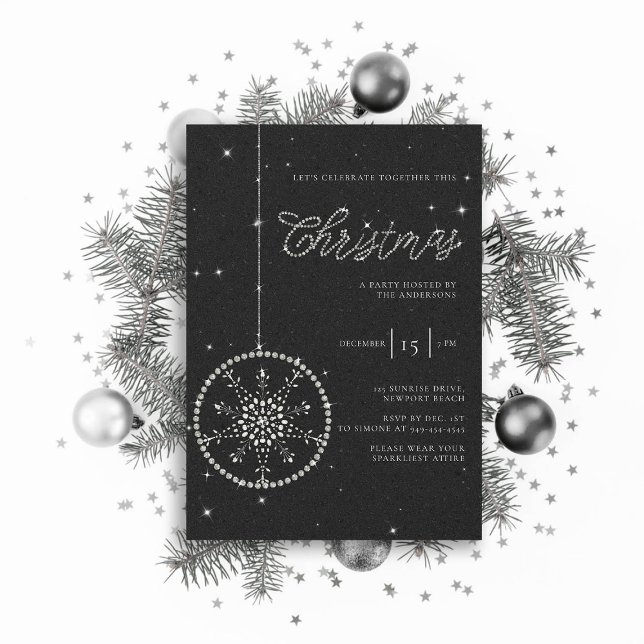 Invitación Diamantes de imitación Fiestas espumosos Purpurina (sparkly glitter christmas party invitation rhinestones bauble snowflake formal black white elegant )