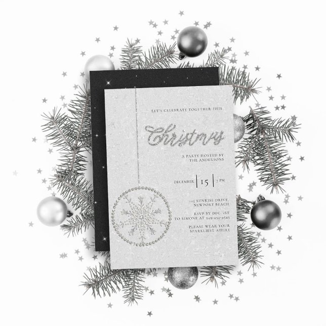 Invitación Diamantes de imitación Fiestas espumosos Purpurina (sparkly glitter christmas party invitation rhinestones bauble snowflake formal black white elegant)