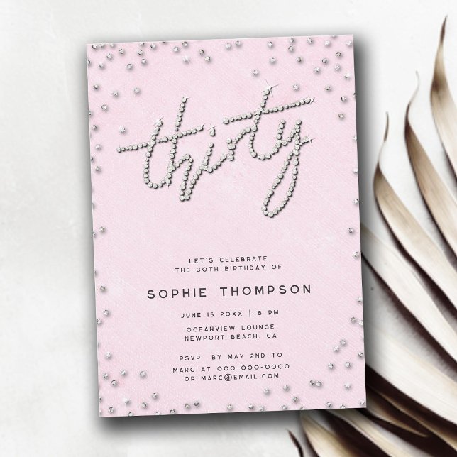 Invitación Diamantes de imitación modernos caligrafía rosado  (rhinestones modern calligraphy pink elegant 30th birthday invitation for women)