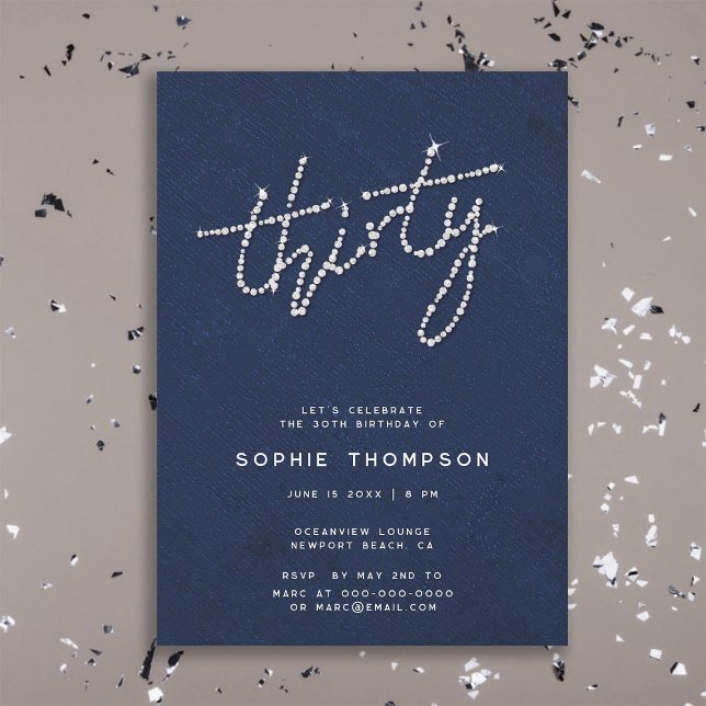 Invitación Diamantes de imitación modernos Navy Blue Glam 30t (modern simple rhinestones glitter glam navy blue 30th birthday party invitation women soiree dinner)