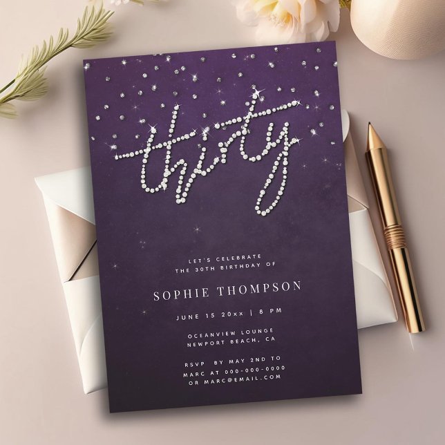 Invitación Diamantes de imitación modernos Purpurina Purple 3 (ELEGANT RHINESTONES 30TH BIRTHDAY INVITATION FOR WOMEN GLITTER PURPLE CLASSY MODERN SIMPLE CHIC)