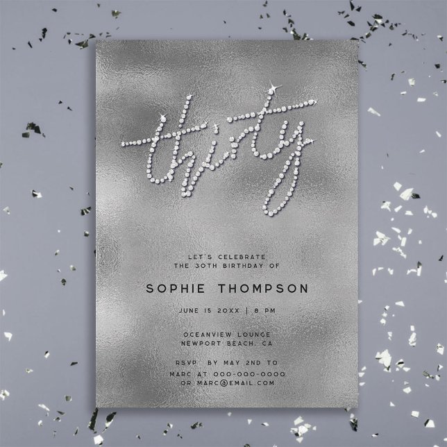 Invitación Diamantes de imitación modernos Reflexiones Plata  (modern glam elegant rhinestones calligraphy 30th birthday invitation for women classy chic soiree)