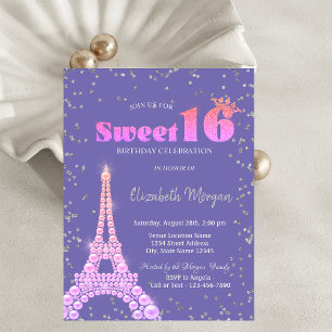 Invitación Diamantes de la Torre Eiffel Violeta Dulces 16