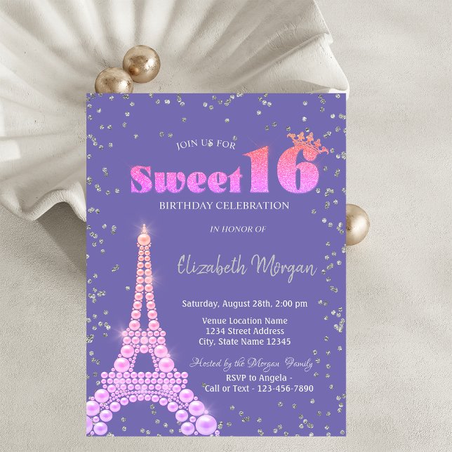 Invitación Diamantes de la Torre Eiffel Violeta Dulces 16 (Subido por el creador)