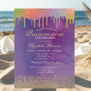 Invitación Diamantes de Lluvia de Arcoíris Moderno Dorado Qui