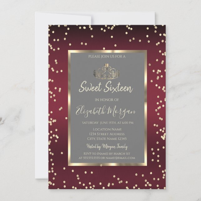 Invitación Diamantes de lujo Rojo Oscuro Cumpleaños Dieciséis (Anverso)