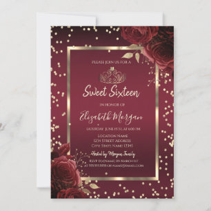 Invitación Diamantes de Lujo Rosas Rojas Oscuras Dulces Dieci