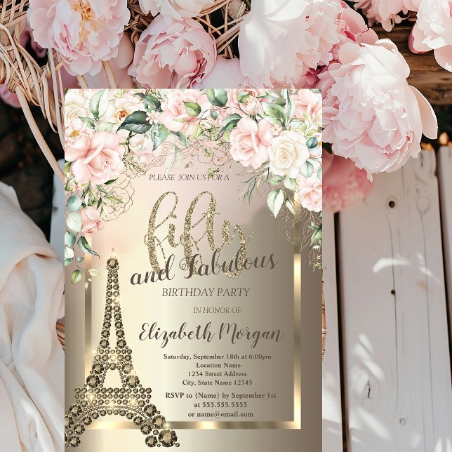Invitación Diamantes de lujo Torre Eiffel, rosas de borde 50º (Subido por el creador)