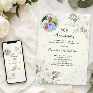 Invitación Diamantes de marfil florales 60 aniversario de bod