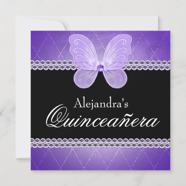 Invitación Diamantes de mariposa Quinceanera púrpura (Anverso)