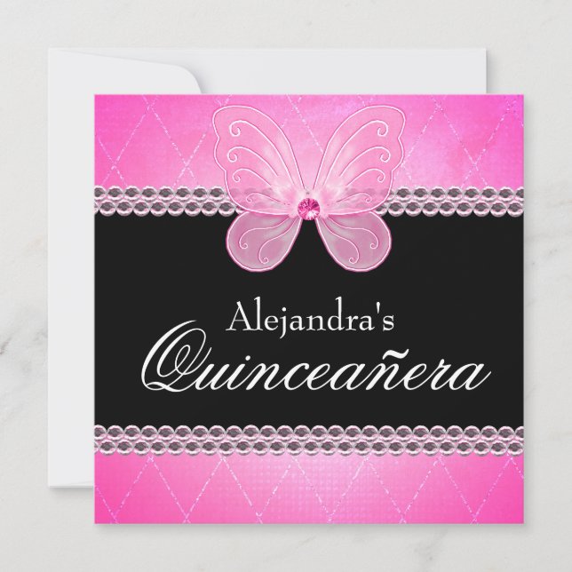Invitación Diamantes de mariposa rosa Quinceanera (Anverso)