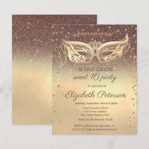 Invitación Diamantes de máscara Brillante Oro Dulce 16  