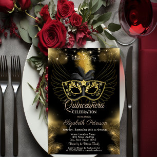 Invitación Diamantes de Máscara de Oro Luces Quinceañera Negr