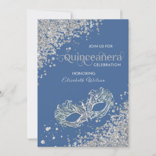 Invitación Diamantes de mascarada de lujo azul Quinceañera