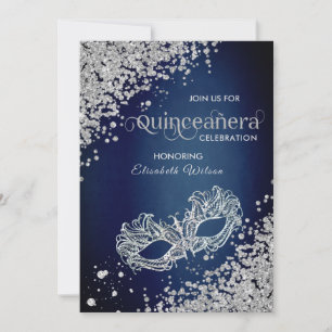 Invitación Diamantes de mascarada de lujo azul Quinceañera