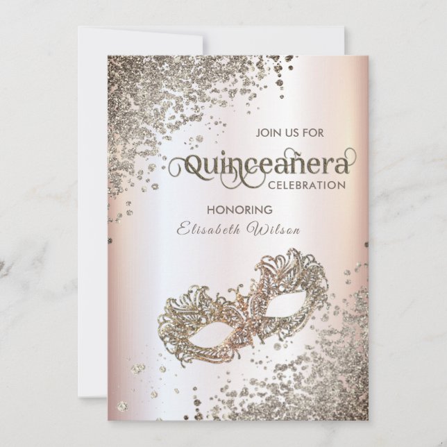Invitación Diamantes de mascarada de lujo Quinceañera rosa su (Anverso)