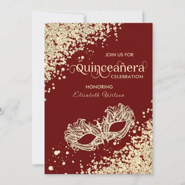 Invitación Diamantes de mascarada de lujo rojo Quinceañera (Anverso)