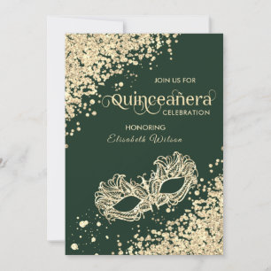 Invitación Diamantes de mascarada de lujo verde Quinceañera