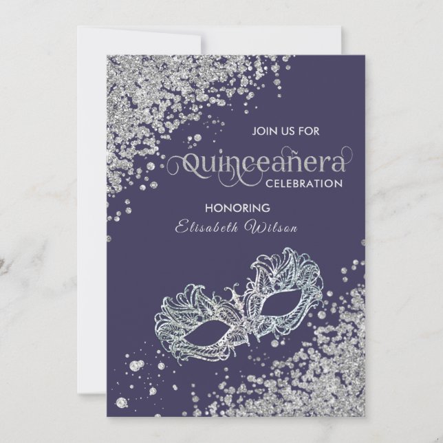 Invitación Diamantes de mascarada de lujo violeta Quinceañera (Anverso)