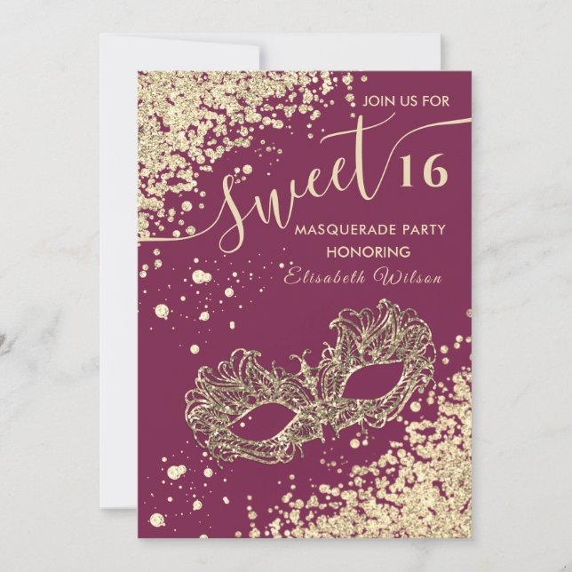 Invitación Diamantes de mascarada de oro de lujo dulce 16 (Anverso)