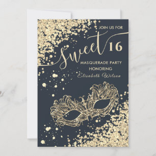 Invitación Diamantes de mascarada de oro de lujo dulce 16
